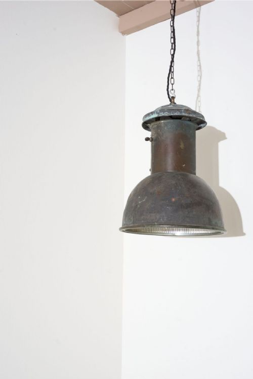 20th Century Patinated Copper Holophane Pendant Light