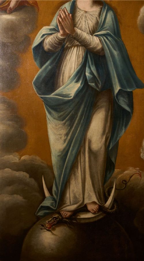 VERY LARGE 17TH CENTURY OIL ON CANVAS PAINTING OF THE 'IMMACULATE CONCEPTION' - ADDITIONAL PHOTO 9