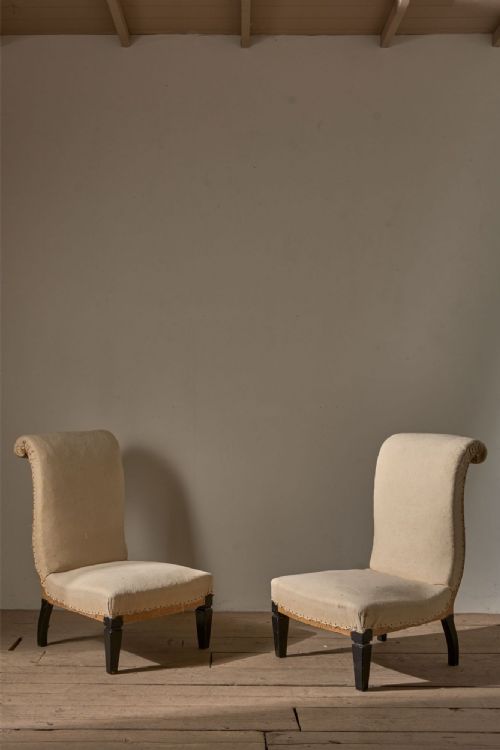 PAIR OF ART DECO SCROLL BACK SLIPPER CHAIRS