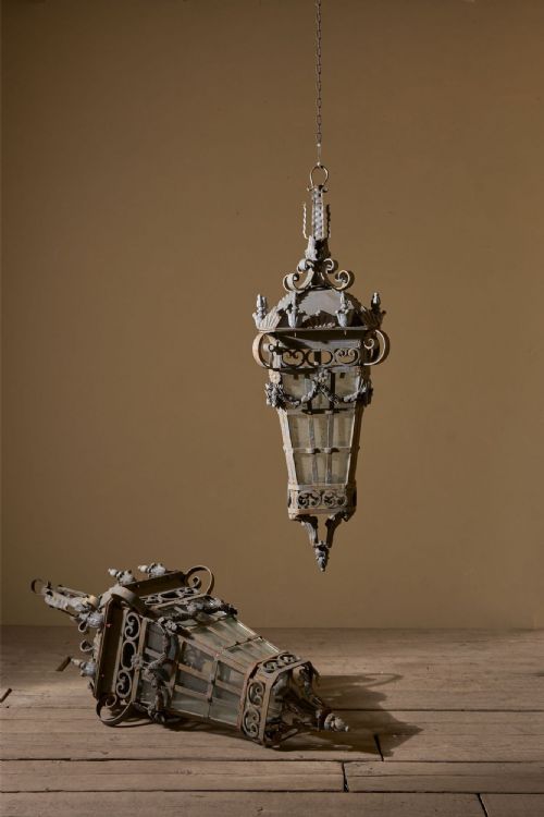 Large Pair of Early 20th Century Iron and Zinc French Hanging Lanterns - Pair 1