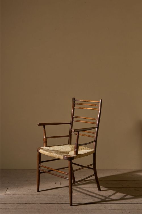 Arts & Crafts English Oak and Rush Seat Armchair
