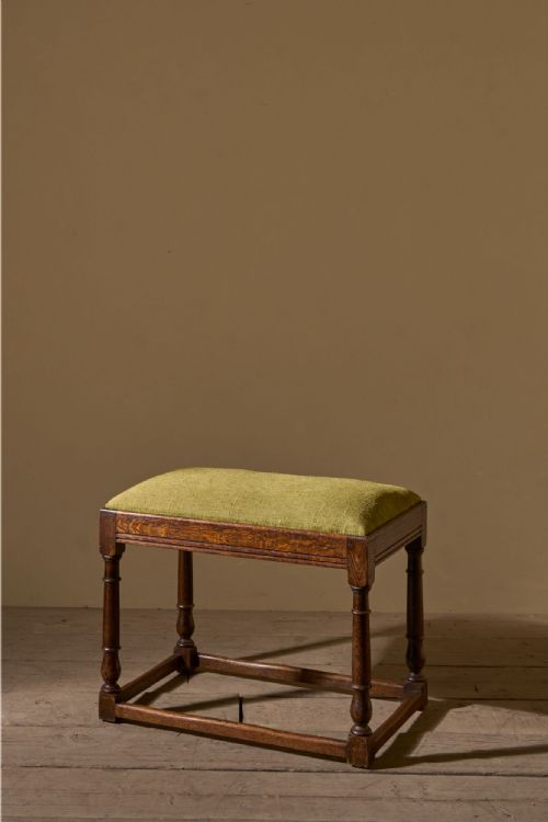 19th Century Oak Footstool in Heavy Green Linen