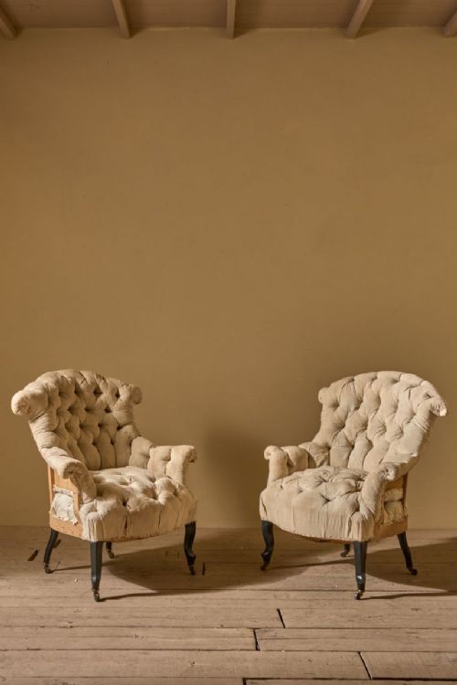 Napoleon III French Buttoned Back and Seat Fishtail Armchairs