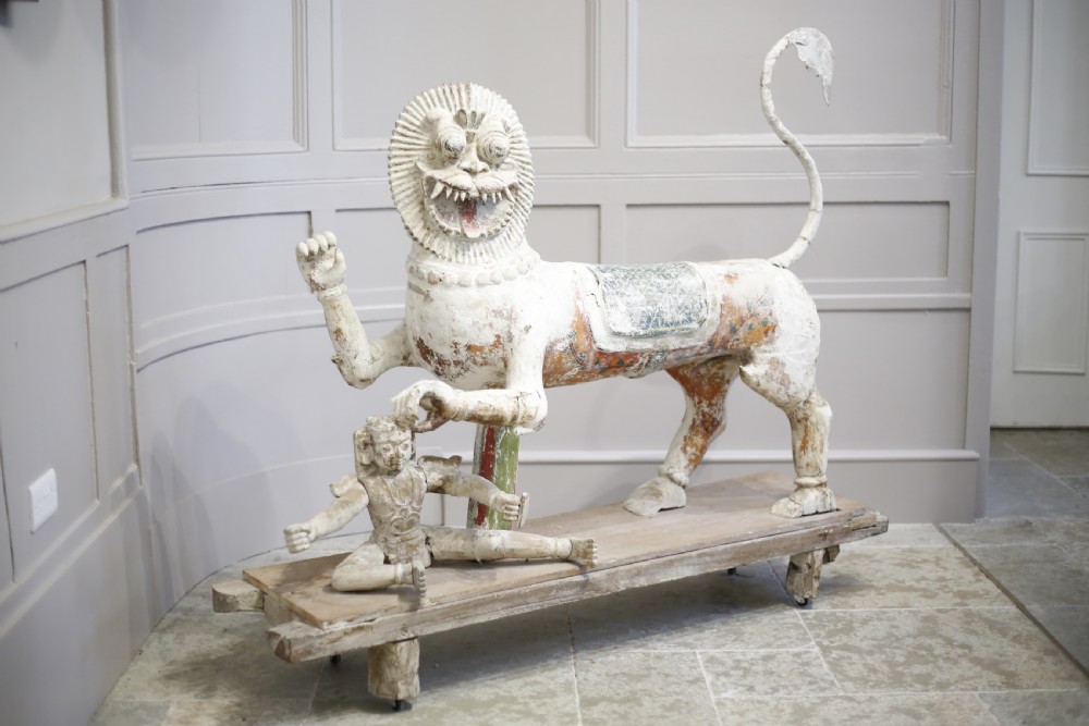19th Century Carved wood Indian temple Lion View II