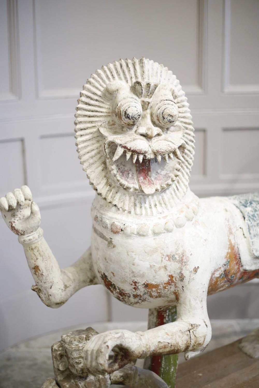 19th Century Carved wood Indian temple Lion View III