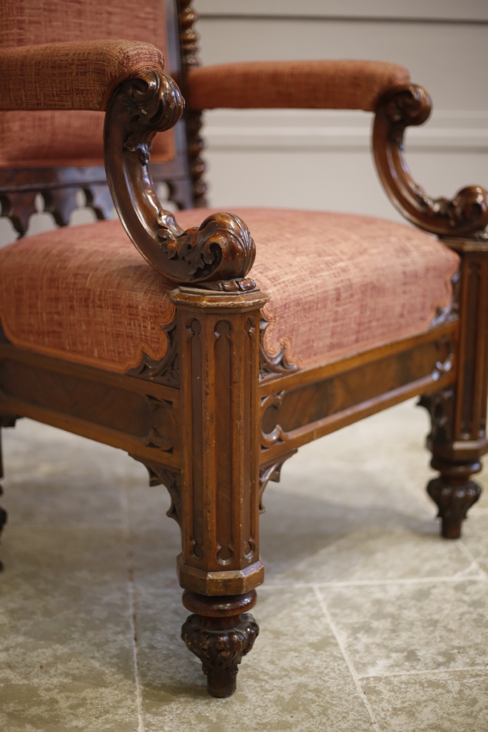 19th century Puginesque Gothic throne chair View II