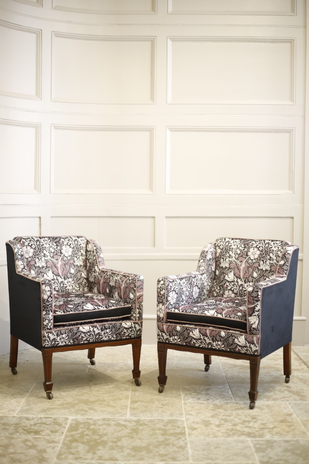 Pair of square sided inlaid Edwardian armchairs