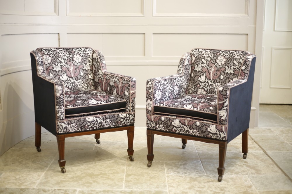 Pair of square sided inlaid Edwardian armchairs View II