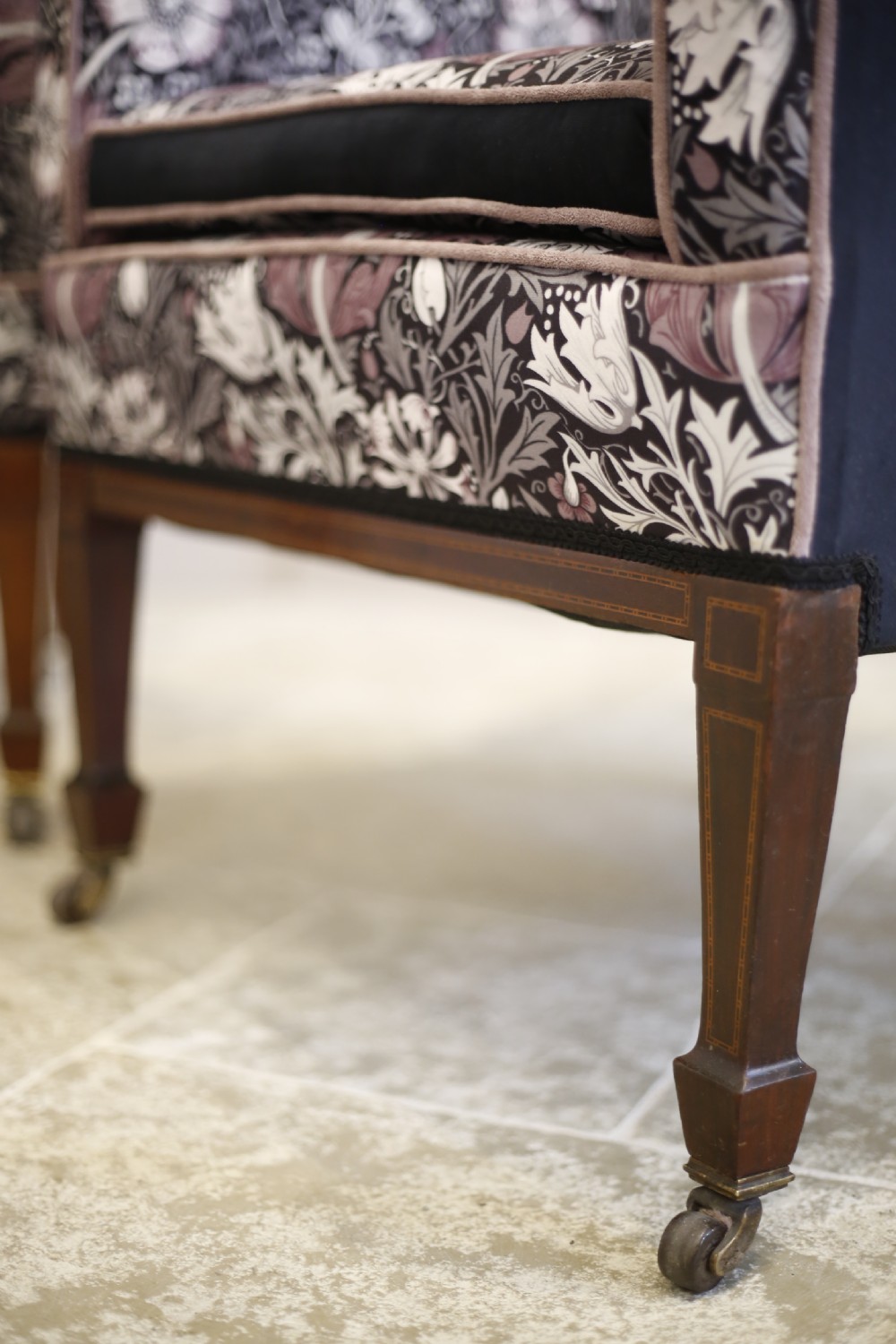 Pair of square sided inlaid Edwardian armchairs View III