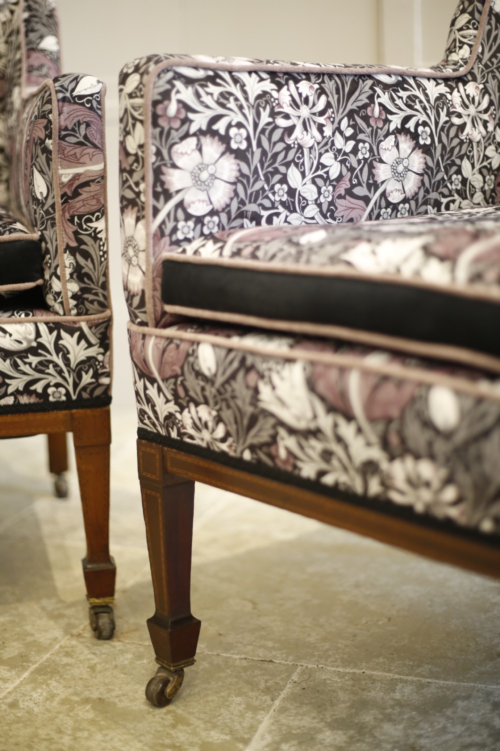 Pair of square sided inlaid Edwardian armchairs View IV