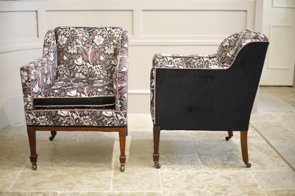 Pair of square sided inlaid Edwardian armchairs View VI