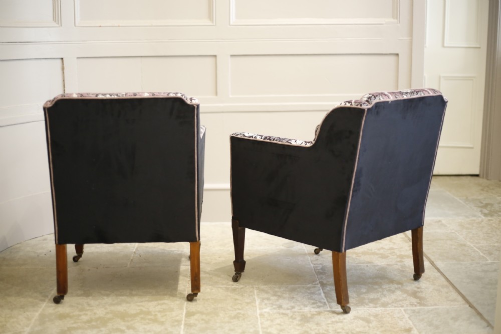 Pair of square sided inlaid Edwardian armchairs View IX