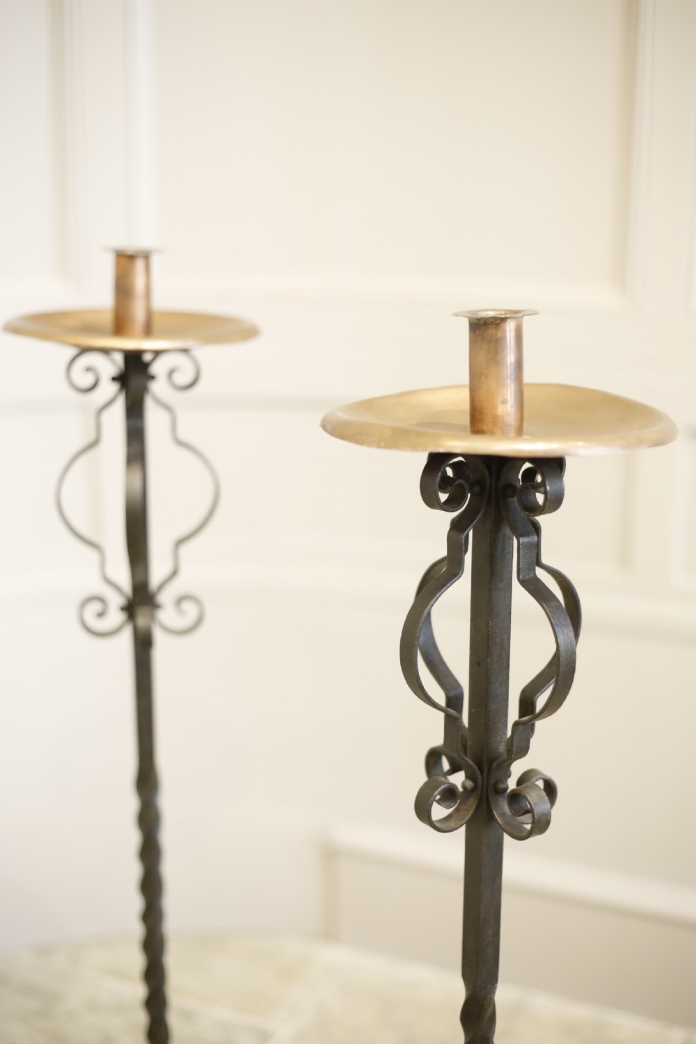 Pair of Iron and copper Arts and Crafts candlesticks View IV