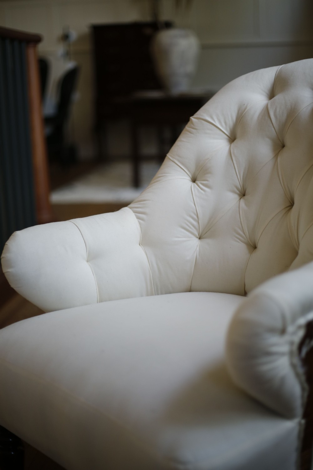 19th century English country house buttoned back armchair View III