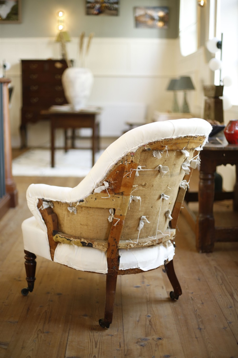 19th century English country house buttoned back armchair View IV