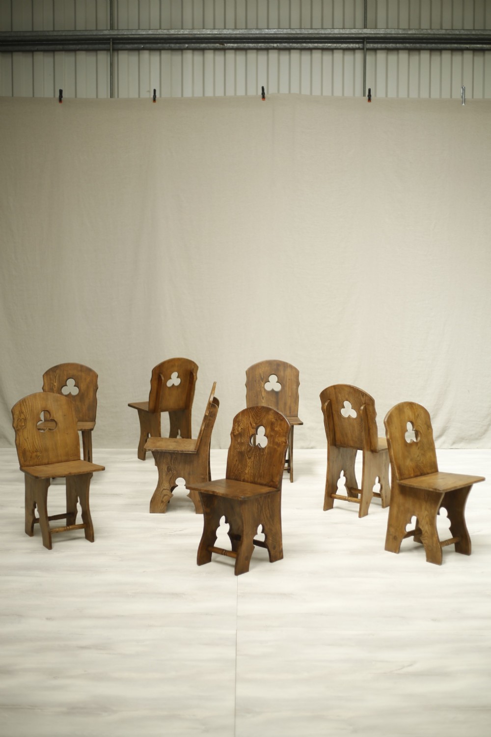 8x Early 20th century Elm Gothic dining chairs
