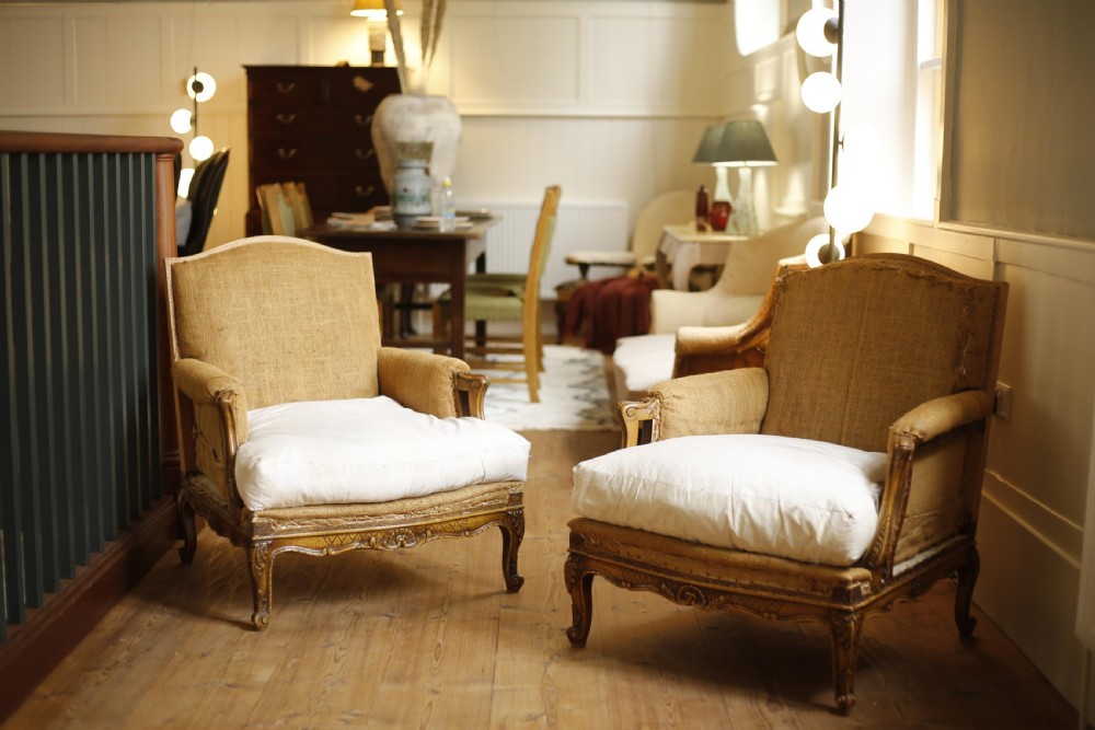 Pair of c.1900 Carved frame French armchairs View II