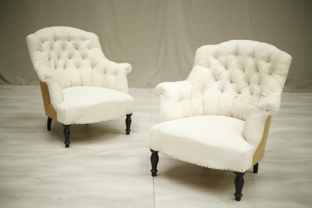 Pair of Napoleon III button shield back armchairs View III
