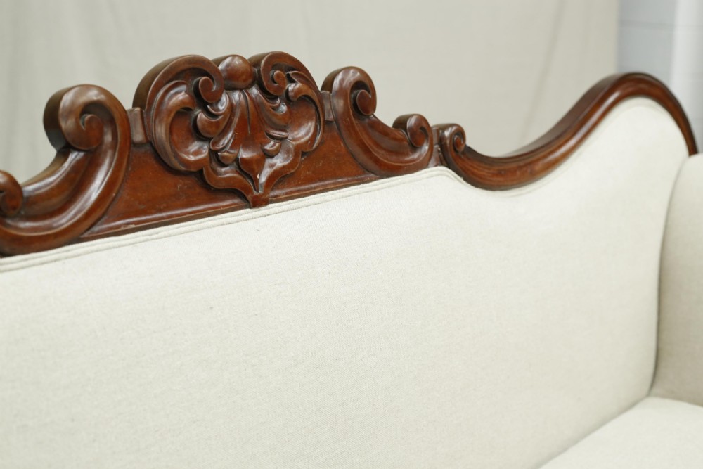 English Regency mahogany sofa upholstered in linen View X