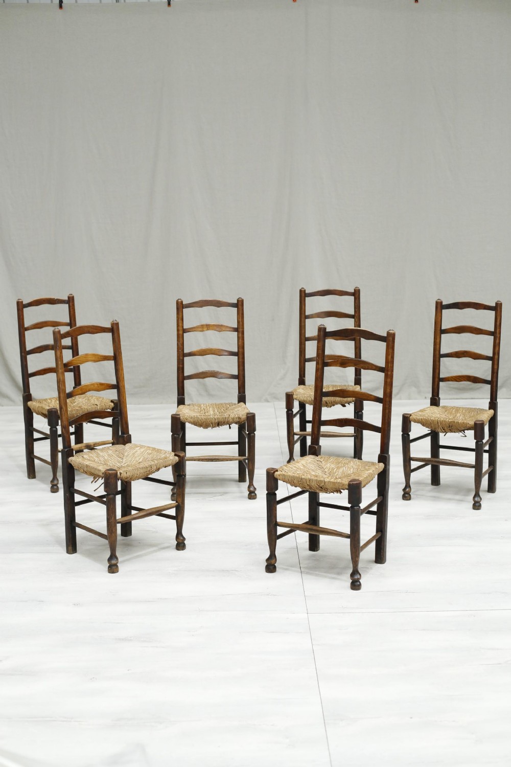 6x Antique farmhouse rush seated dining chairs