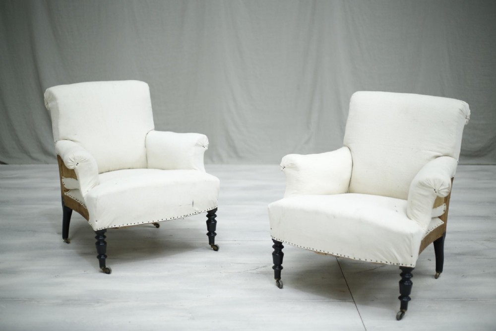 Pair of Napoleon III French scroll back armchairs View III