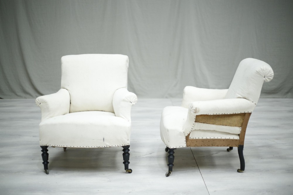 Pair of Napoleon III French scroll back armchairs View V