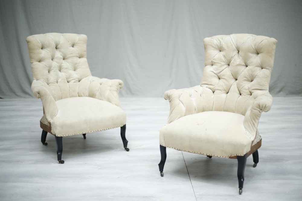 Pair of Napoleon III French high buttoned back armchairs View III