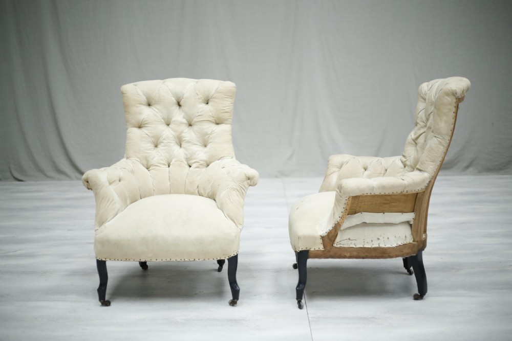 Pair of Napoleon III French high buttoned back armchairs View VI