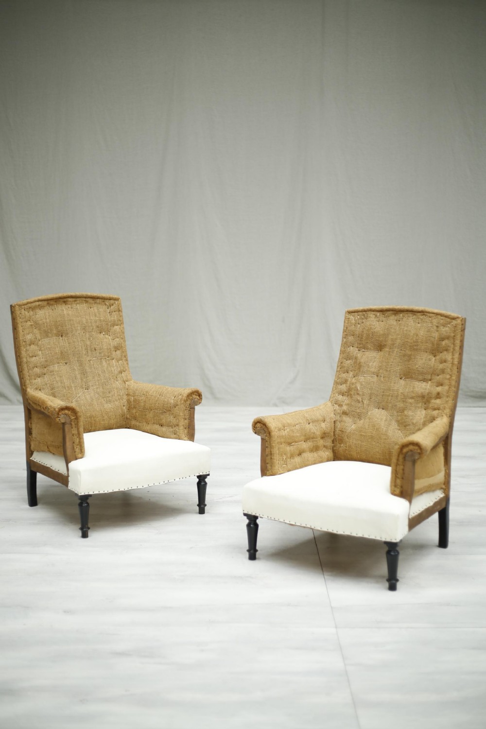 Pair of Napoleon III hessian square back armchairs