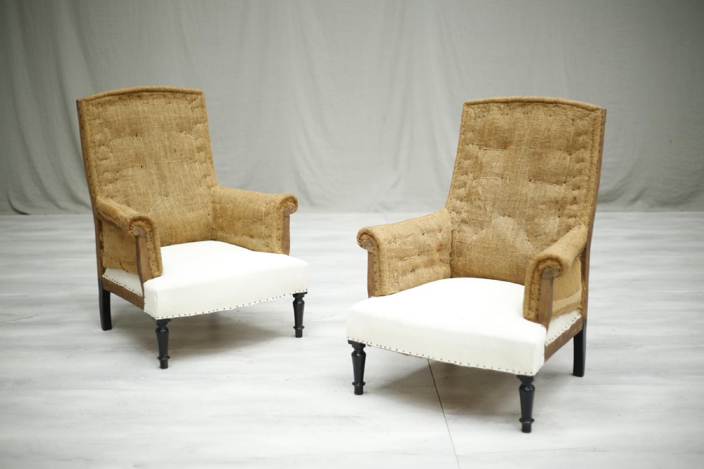 Pair of Napoleon III hessian square back armchairs View III