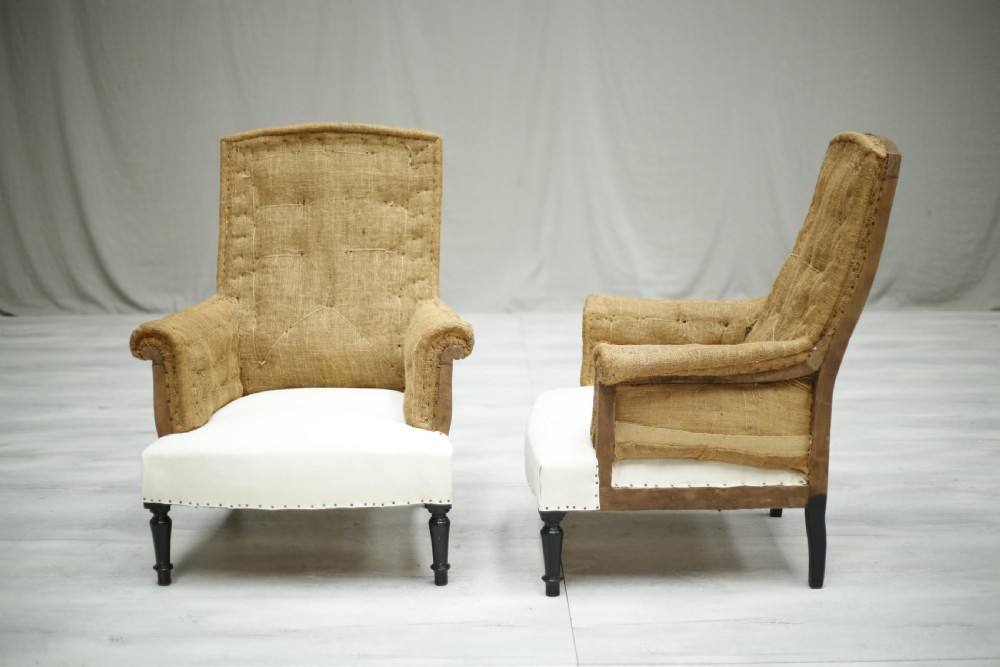 Pair of Napoleon III hessian square back armchairs View V