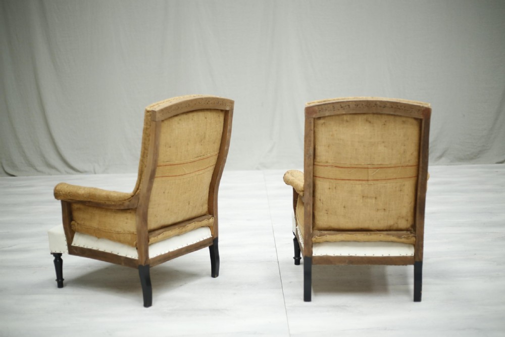 Pair of Napoleon III hessian square back armchairs View VI