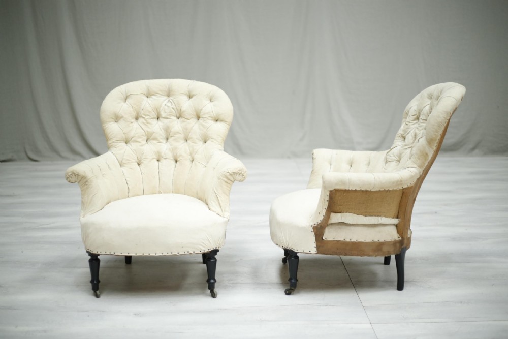 Pair of Napoleon III French buttoned spoon back armchairs View V
