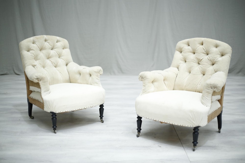 Pair of Antique French Napoleon III curved buttoned back armchairs View III