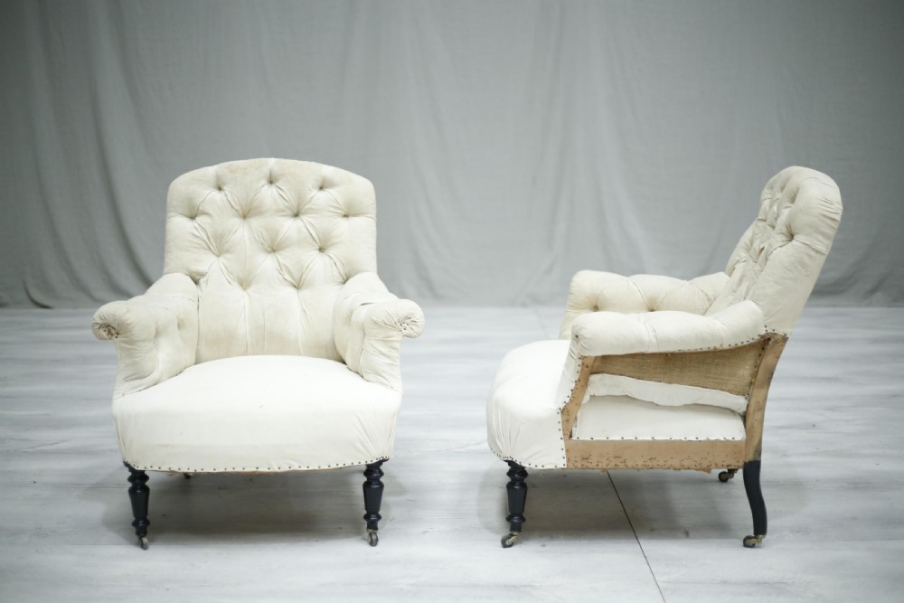 Pair of Antique French Napoleon III curved buttoned back armchairs View VI