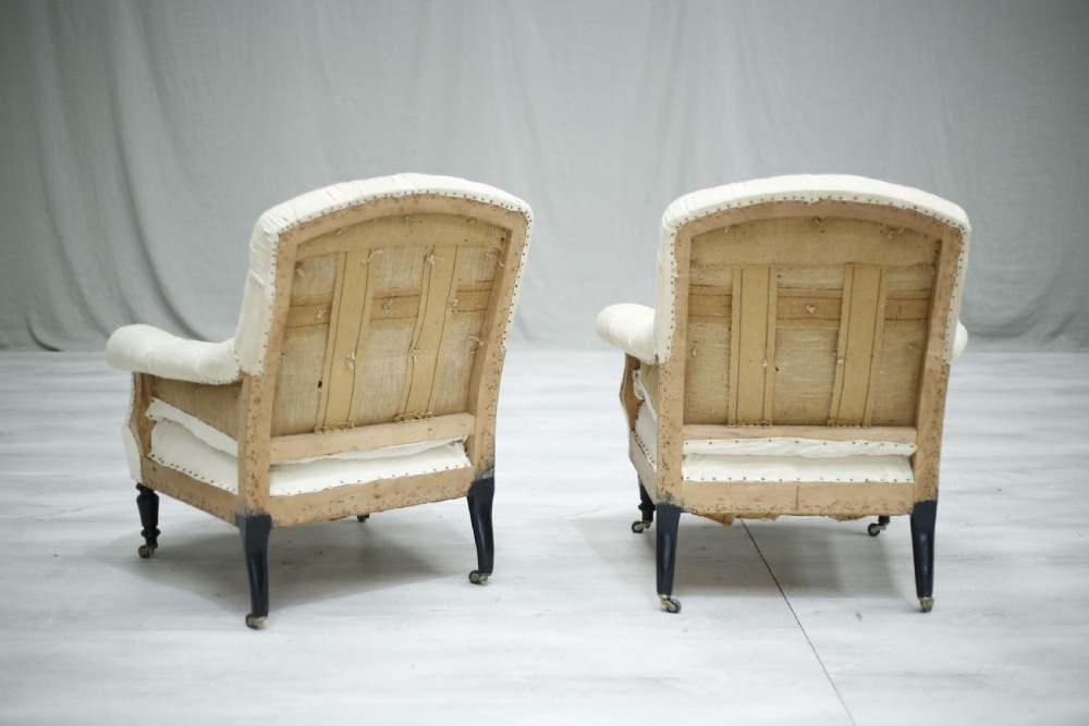 Pair of Antique French Napoleon III curved buttoned back armchairs View VII