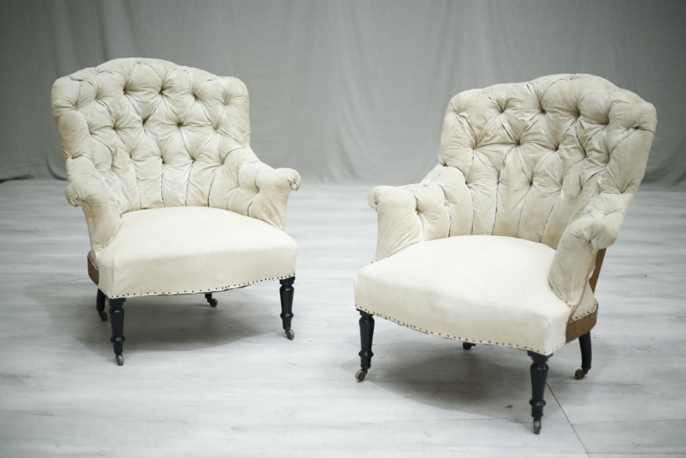 Pair of Antique Napoleon III buttoned shield back armchairs View III