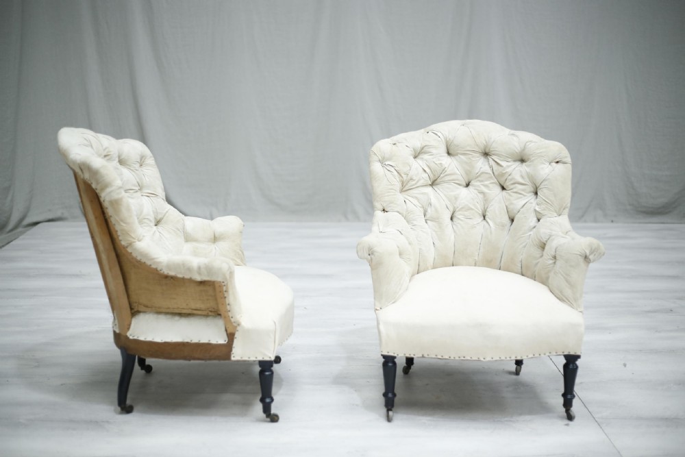 Pair of Antique Napoleon III buttoned shield back armchairs View VI