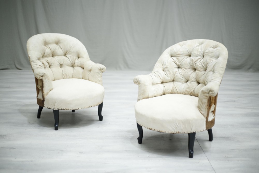 Pair of Antique Napoleon III buttoned back tub chairs View III