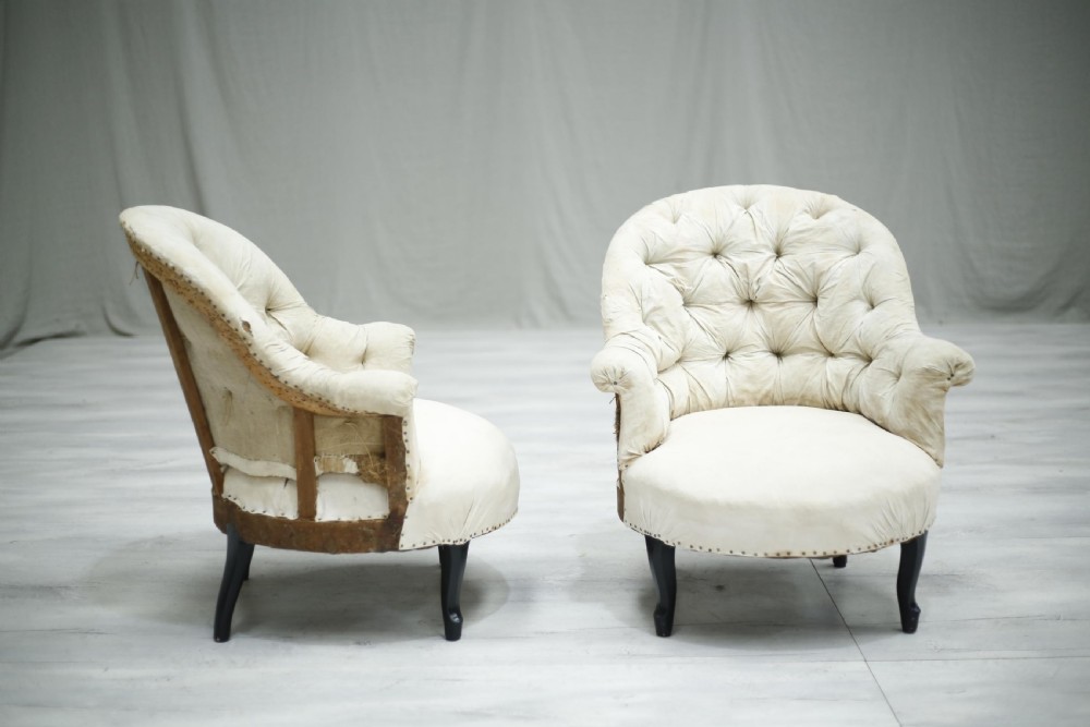 Pair of Antique Napoleon III buttoned back tub chairs View V
