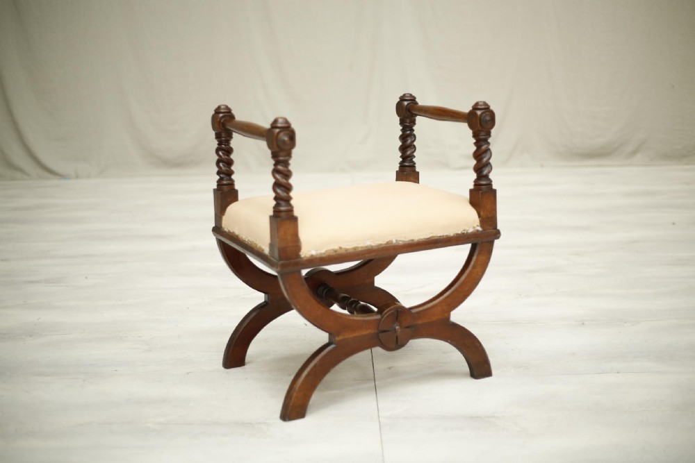 19th century antique x frame mahogany armed stool View IX