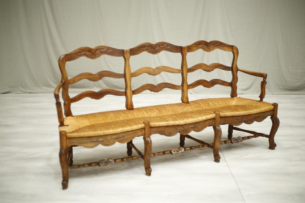 Early 20th century French rush seated country bench View II
