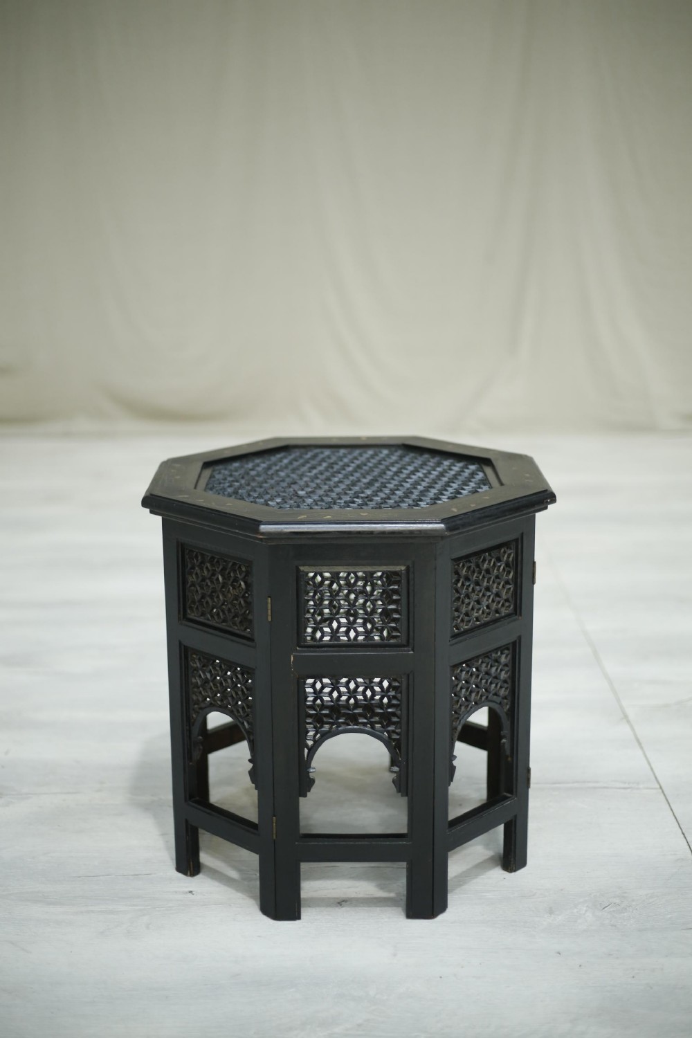Early 20th century ebonised Syrian table with brass inlay