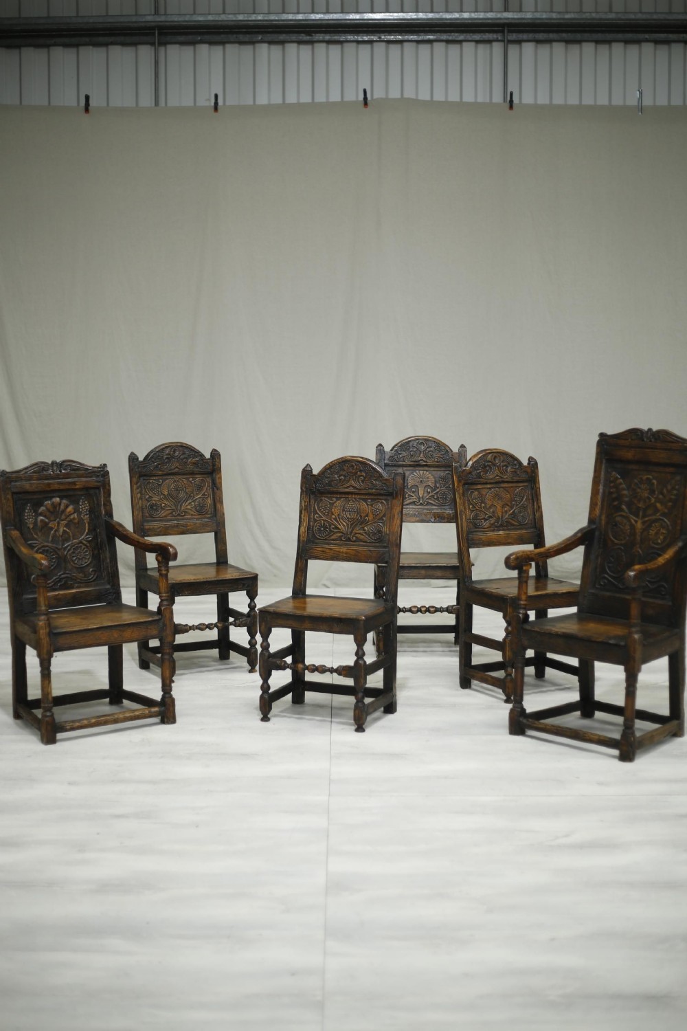 Set of 6 17th century style oak dining chairs