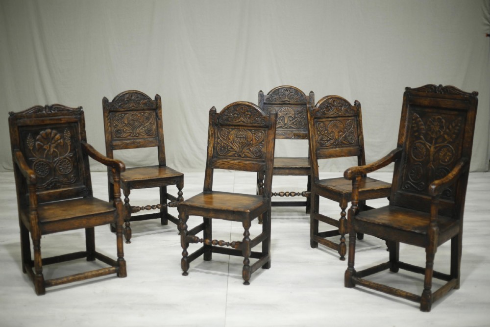Set of 6 17th century style oak dining chairs View II