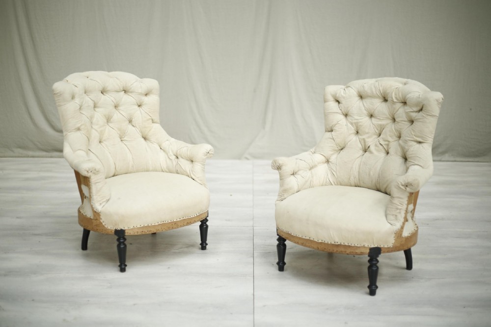 Pair of Napoleon III buttoned shield back armchairs View II