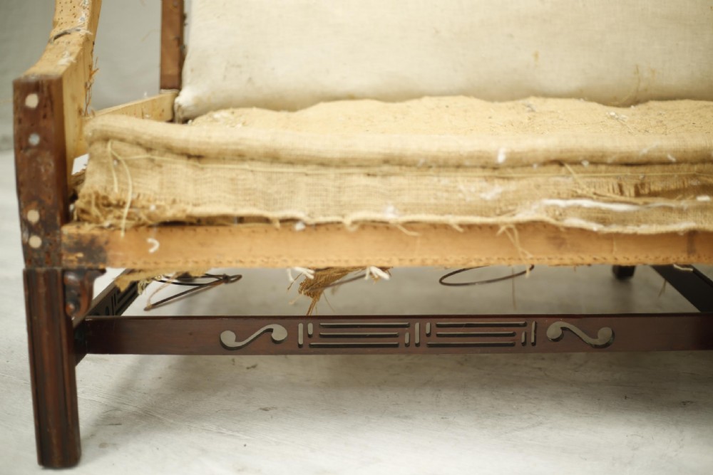 American c.1920's camel backed sofa with fret work stretcher View IV