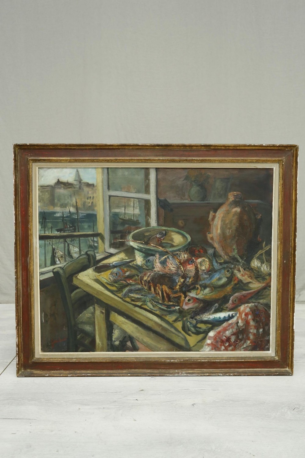 Large 20th century painting of seafood on a table