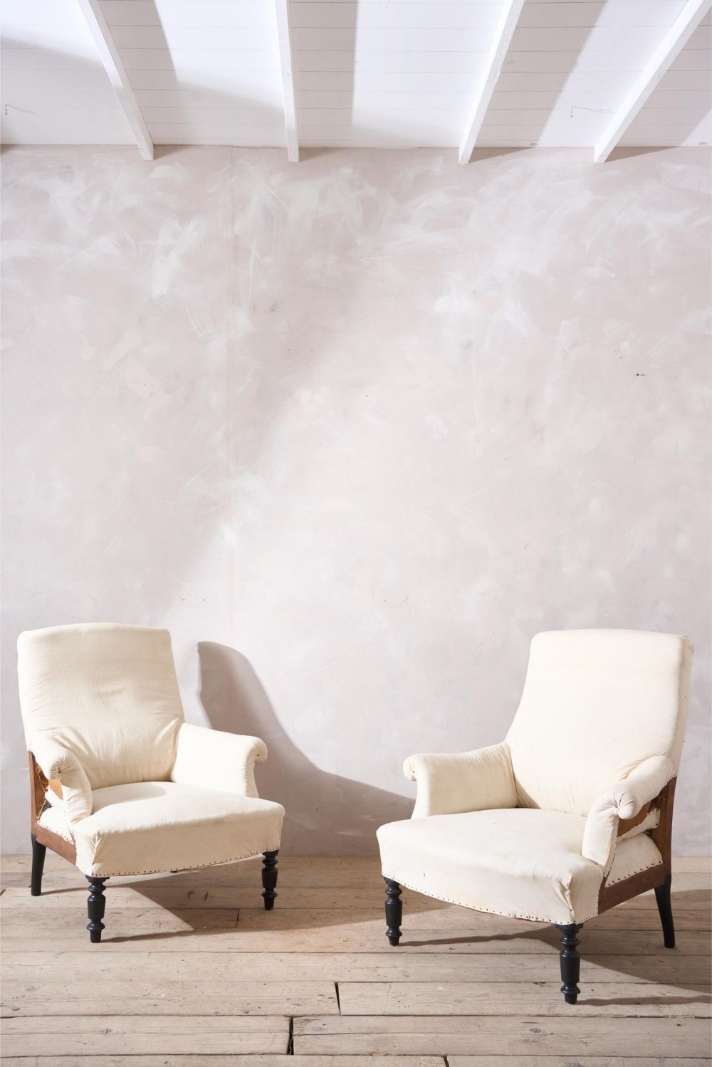 Pair of Napoleon III plain square back armchairs