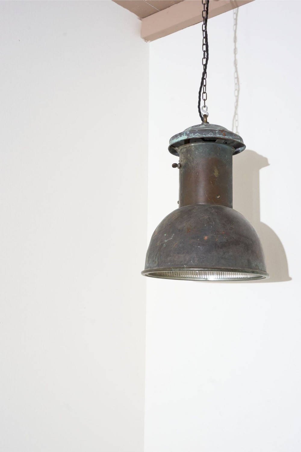 20th century patinated copper holophane pendant light